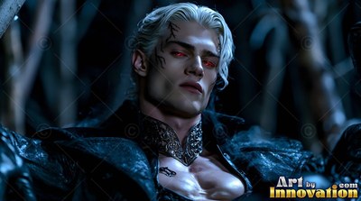 Leaning back in dark woods, a pale blond man with dark red eyes wears a dark coat