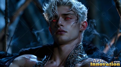 A pale light-haired man with red eyes leans back in the dark woods
