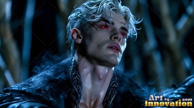 In a dark forest at night, a bloodless man with blond hair looks up with red eyes