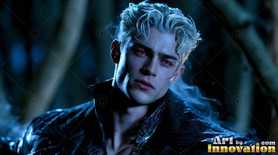 Gazing into dark woods, a pale blond man with dark red eyes wears a black jacket