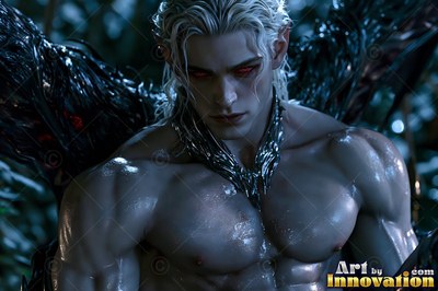 Shirtless blond man whose eyes are red and dark wings outdoors