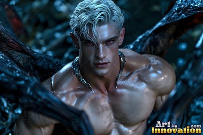 A spiked metal necklace rests on the bare chest of a pale blond man with dark wings at night