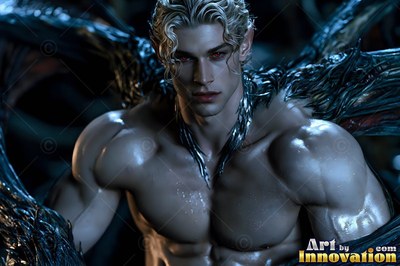 A shirtless blond man looks forward from dark wings, his red eyes lit by cool blue shadow
