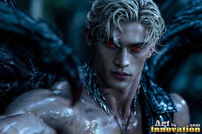 Facing forward in the dark woods, a muscular blond man stares with red eyes