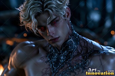 A shirtless blond man with blood-red eyes has black vine marks on his neck and chest