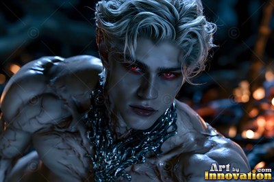 In the dark woods, a pale blond man whose eyes are red wears heavy metal chains