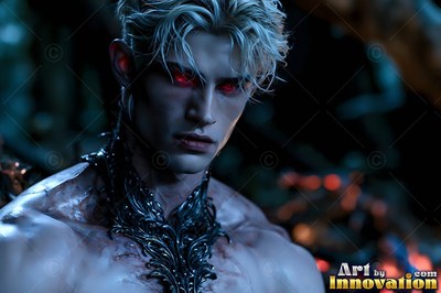 Gazing forward in the dark, a pale blond man with red eyes stands shirtless