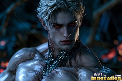 Pale shirtless blond man with pointed ears and red eyes at night