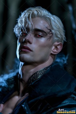 With a dark patterned collar, a pale man with red eyes waits in a smoky night wood
