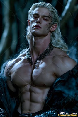 A shirtless blond man stands looking upward in dim blue light