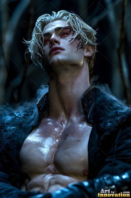 Head tilted back in dark woods, a fair-skinned man whose eyes are red looks up in an open coat