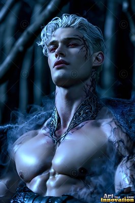 A pale, shirtless man with white hair looks up through dark woods at night