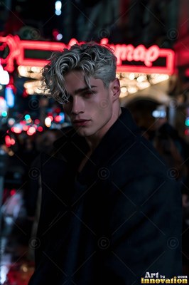 On a city street at night, a blond man in a dark coat looks forward