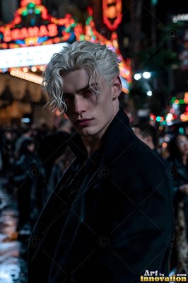 Glancing over his shoulder, a pale, fair-haired man stands on a dark city street at night