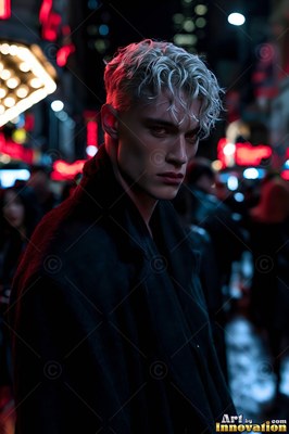 A fair-skinned light-haired man in a dark coat stands on a night street