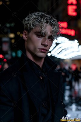 Blond wavy hair frames a fair-skinned man in a black coat standing on a city street at night