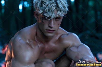 A shirtless blond man whose eyes are red crouches in the dark woods under soft blue light