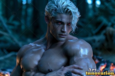 Turned sideways in a dark forest, a shirtless fair-haired man with red eyes looks back