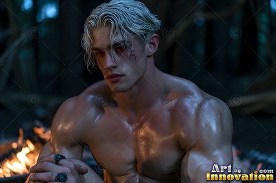 A muscular yellow-haired man with red eyes sits shirtless near a dark campfire