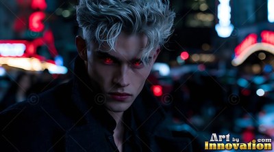 Staring into the dark, a blond pallid man with dark red eyes stands on a night street