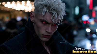 A fair-skinned yellow-haired man with blood-red eyes looks forward on a city street at night
