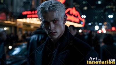 Red eyes stare from a pale blond man in a dark coat on a busy city street at night