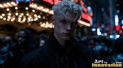 A white-skinned blond man stares forward on a dark city street lit by warm bokeh lights
