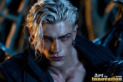 Close-up of a blond red-eyed man looking forward in dim shadows
