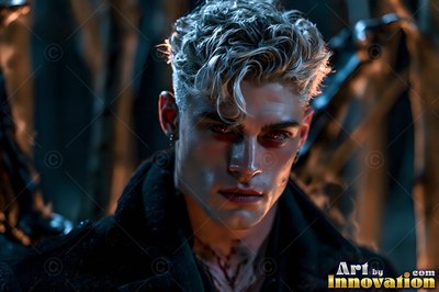 A white-skinned blond man with dark red eyes stands outside in the dim night light