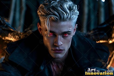 In the shadows, a pale blond man with blood-red eyes spreads dark wings