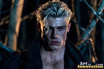 Staring forward in a dark wood, a blond man has red eyes and pale skin