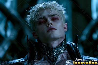 Pale blond man with red eyes looks up in dim blue light
