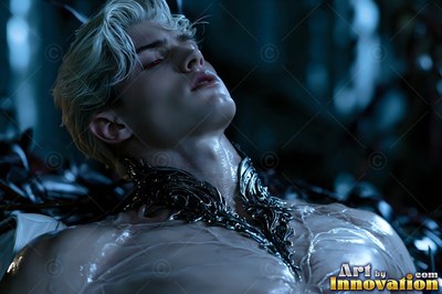 Blond hair frames the pale face of a man lying back in cool blue shadows