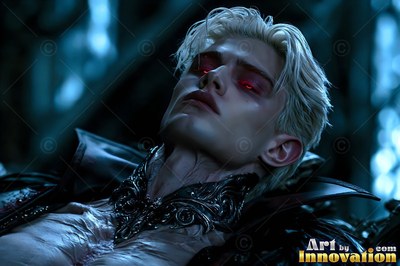 A pale blond man leans his head back with red eyes open in cool blue light