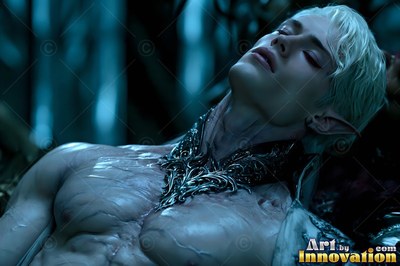 Reclining in dark blue water, a fair-skinned light-haired man tilts his head back