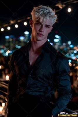 A blond man with dark red eyes in a black shirt stands on a rooftop at night