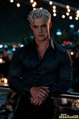 On a night rooftop, a blond man in a black shirt leans on a metal railing
