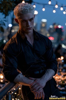 Leaning on a balcony, a blond man in a black shirt looks out over city lights