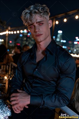 Blond man with red eyes leans on a bar outdoors at night