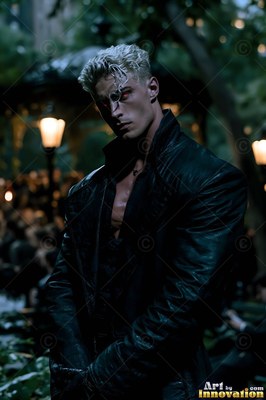 Red eyes narrow as a white-skinned man in a black leather coat stands in a dark park by a streetlamp