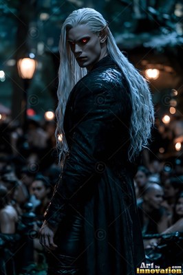 A blond red-eyed man glances back in his jet-black coat under warm yellow streetlights