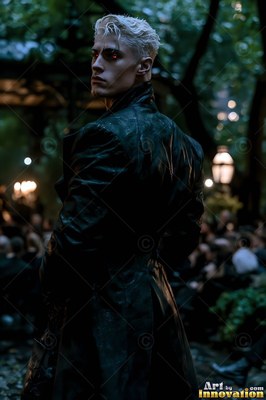 Turned back in a dark garden, a blond man in a black coat looks around