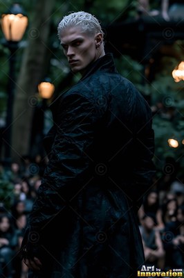 A blond man in a dark coat looks back over his shoulder at night outdoors