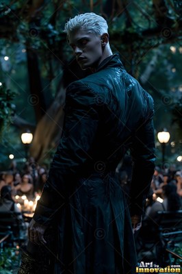 In a dark garden, a blond man in a long jet-black coat turns around to look back