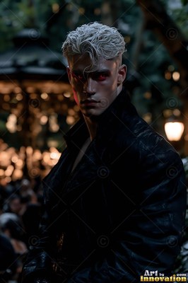 Standing in the dark, a pale man with blond hair and red eyes wears a black overcoat