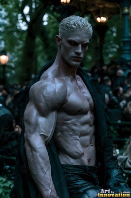 Muscular pale blond man with red eyes in a dark coat outdoors