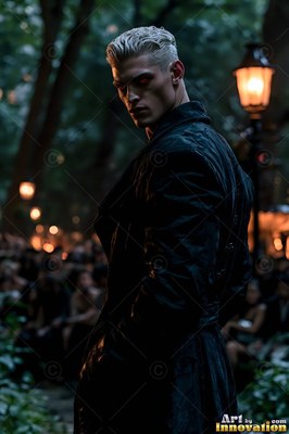 Short blond hair tops a pale man in a black trench coat beside a warm streetlamp in a dark park crowd