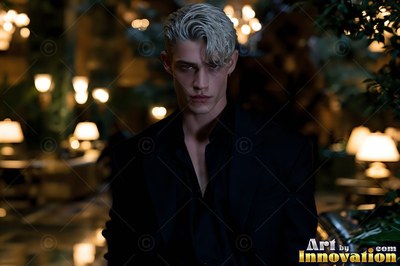 A blond man stands in a dark lobby where warm lamps shine behind him