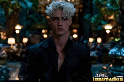 Facing forward in a dim hotel lobby, a pale blond man stands in a dark suit