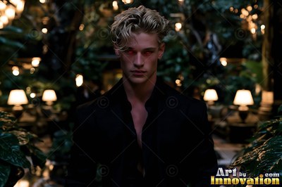 A yellow-haired man with red eyes stands in a dark lounge with small lamps
